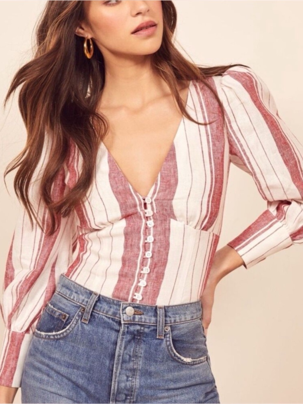 Reformation Finnegan Linen Striped Blouse Top White Red Stripe Size 4 Coastal